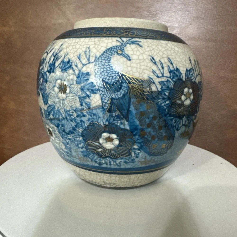 Vintage Kutani Ginger Jar Floral with Peacock No Lid 5